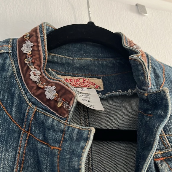 Paris blues Jean jacket with brown velvet trim floral details embroidering sz S - Picture 4 of 7